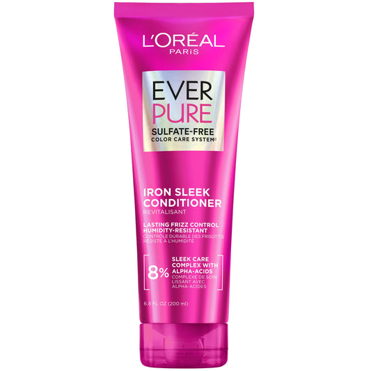 L'Oreal Paris Sulfate Free Iron Sleek Smoothing Conditioner, Frizz Control and Humidity-Resistant Formula with Alpha-Acids for Frizzy Hair, EverPure