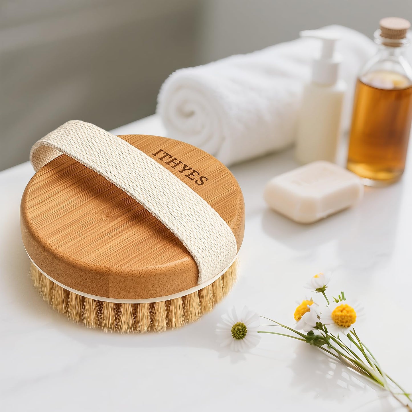 Ithyes Body Brush Dry Brushing Bath Brush Gentle Skin Exfoliate Massage Scrub 100% Nature Boar Bristles Bamboo Wood Improve Blood Circulation Wet