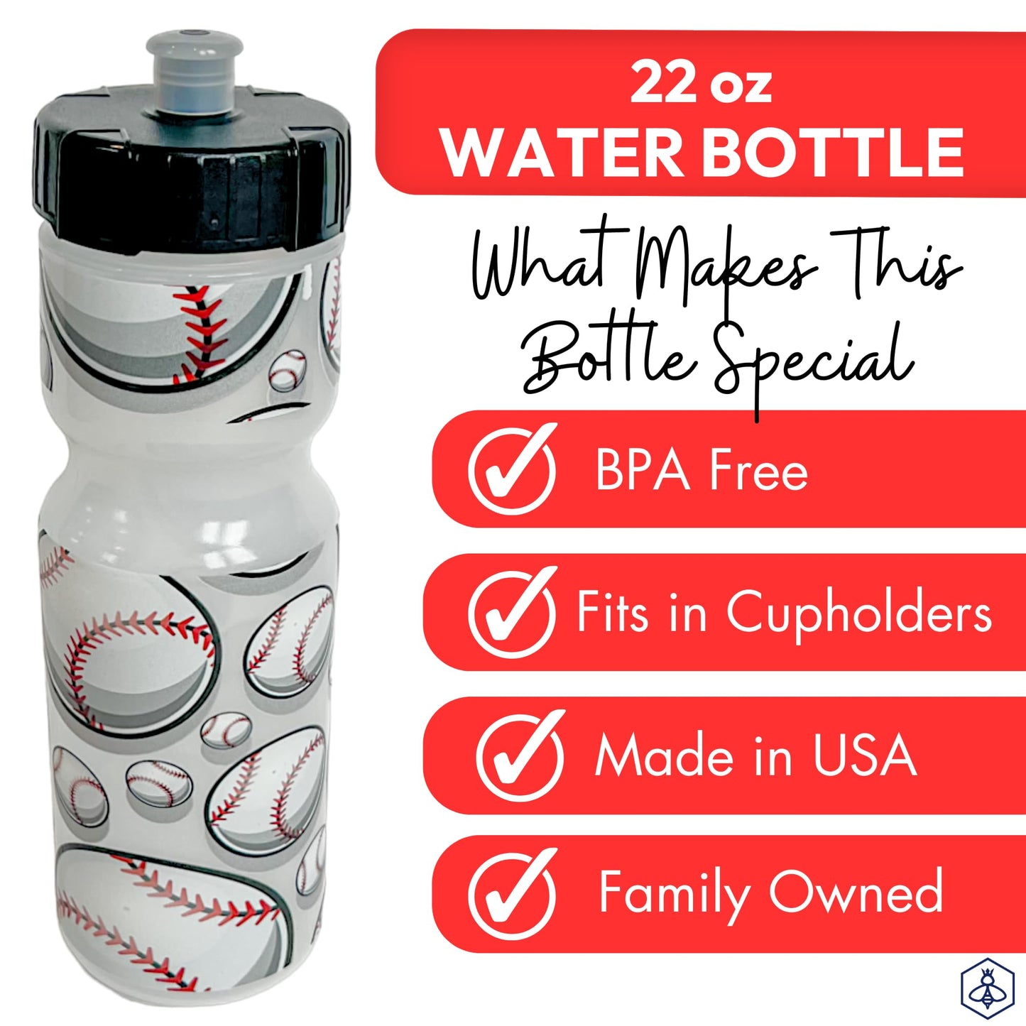 50 Strong 22oz Kids Sports Squeeze Water Bottle - BPA-Free with Pull Top Cap - Durable & Reusable for School, Boys & Girls - Made in USA - Baseball