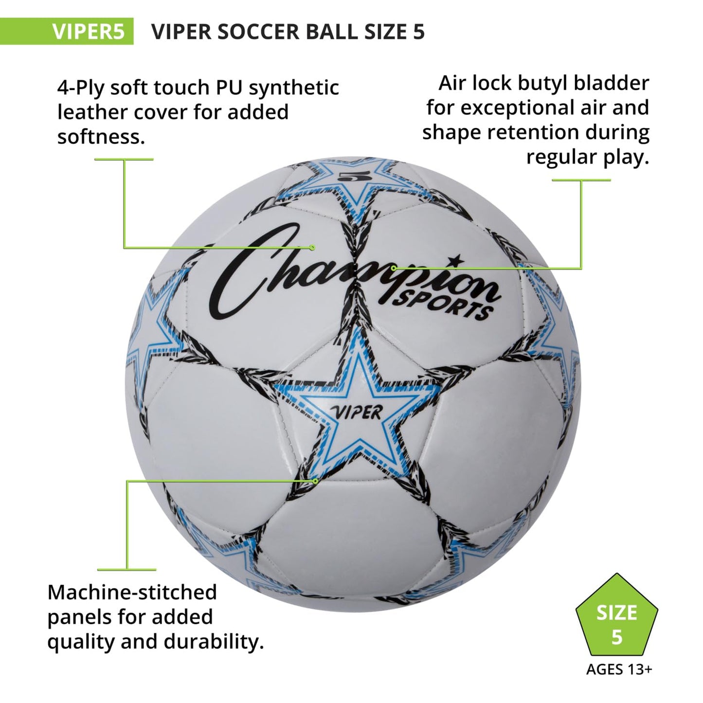 Champion Sports Viper Soccer Ball, Size 5 - Soft Touch TPU Cover, Airlock Bladder - Ages 12 & Up - Blue/Black/White