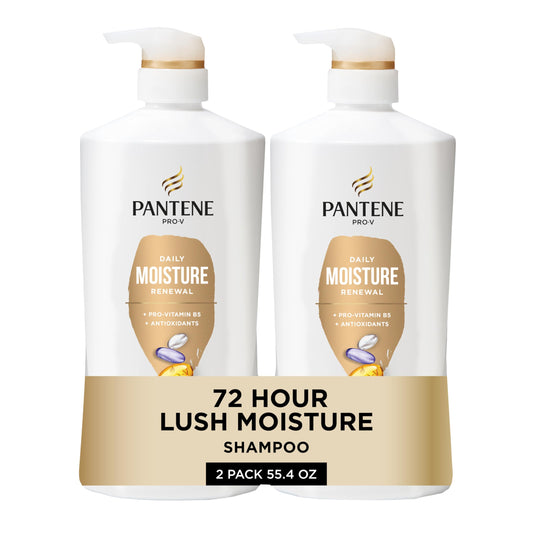 Pantene Shampoo, Daily Moisture Renewal - Pro-V Nutrients for Dry, Color-Treated, Straight to Curly Hair, 72-Hour Hydration & Softness, 27.7 Oz Each