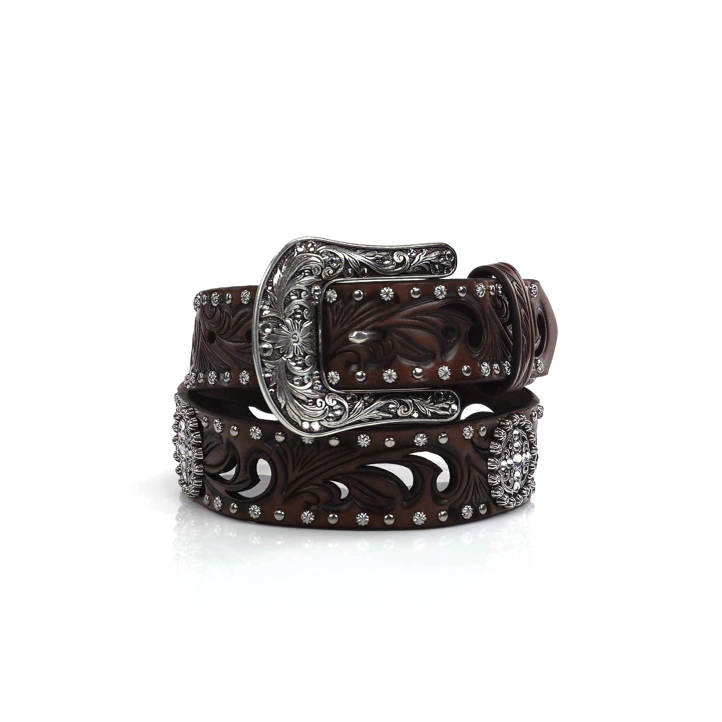 ARIAT Women's Scroll Cutout Concho Nailhead Edged Belt, Brown, Medium