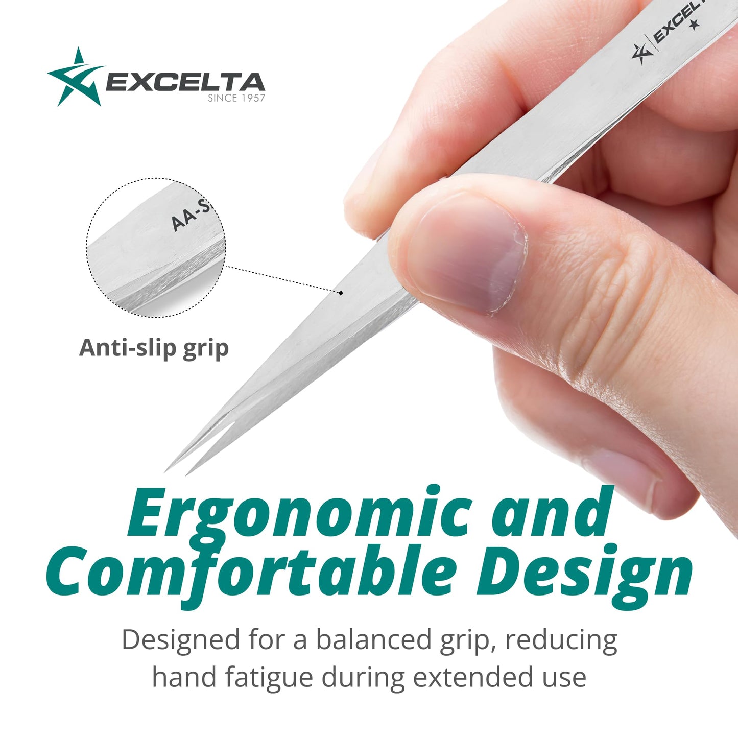 Excelta AA-SA-SE Straight Medium Pointed Tweezers, Anti-Magnetic Stainless Steel, ESD-Safe, Conductive, Precision Tweezers for Electronics, Jewelry