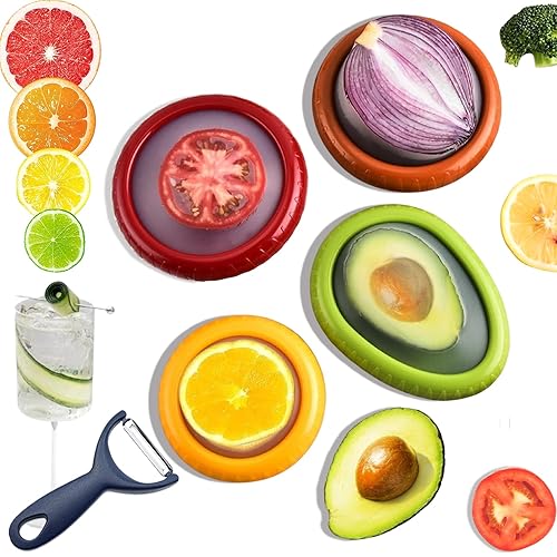 Zyphora 5-Piece Avocado Saver and Tomato Holder Set - 4 Reusable Silicone Food Storage Containers + 1 Fruit Peeler, Stretch Pods for Fruit & Veggie…