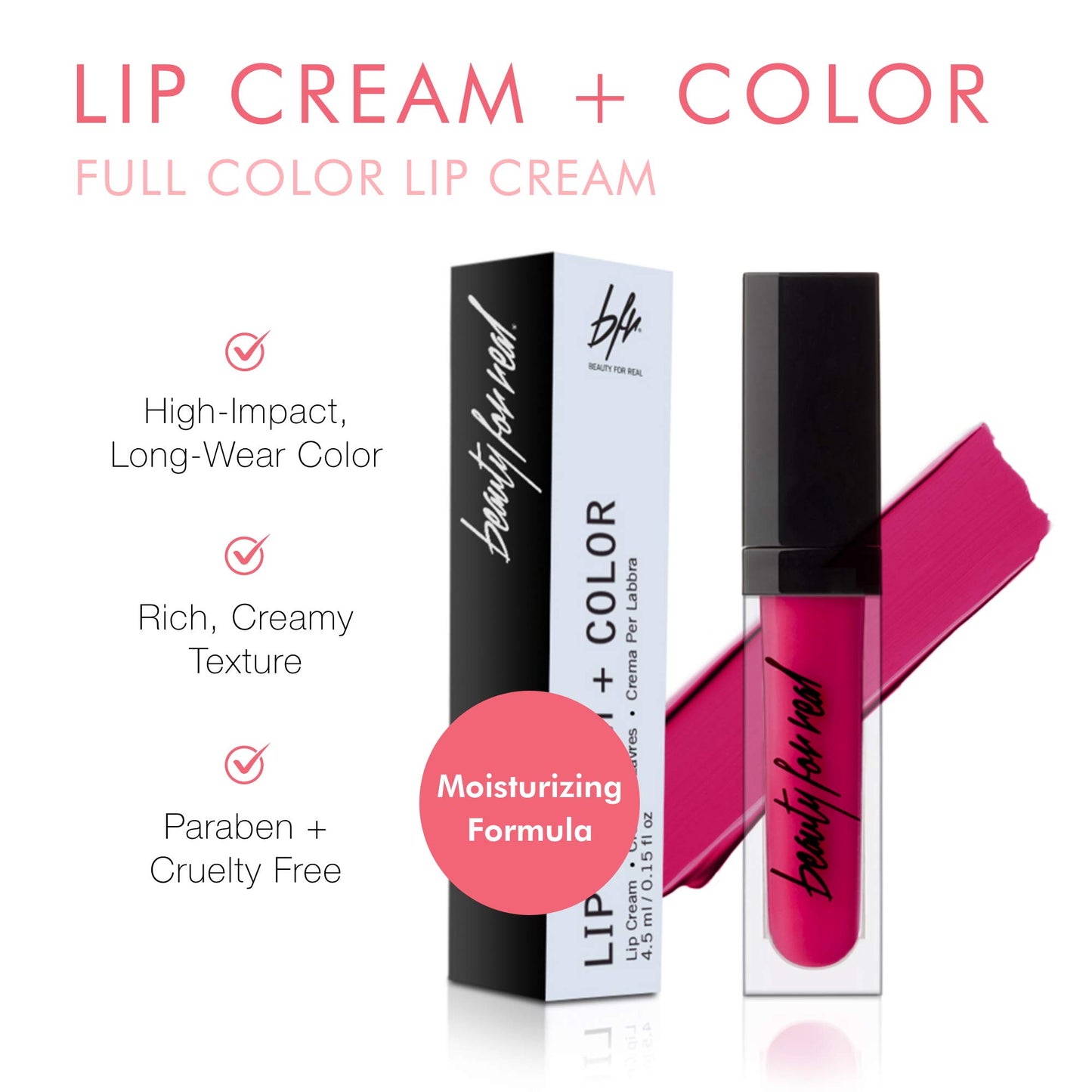 Beauty For Real Lip Cream + Color, Hotter Than Miami - Rich Vibrant Magenta - Long-Wear, Moisturizing Formula - Cupuacu Butter, Organic Neroli &
