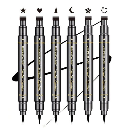 SUMEITANG 6 Pcs Double-headed Eyeliner Stamps Set Black Liquid Eye Liner Pen With Star,Moon,Heart,Flower,Smiley,Triangle Stamp Stencils Shapes