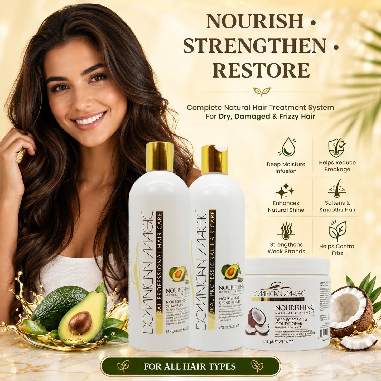 Dominican Magic Nourishing Shampoo & Conditioner Set - Hydrating Shampoo & Conditioner for Dry, Damaged Hair with Avocado & Coconut- Strengthens