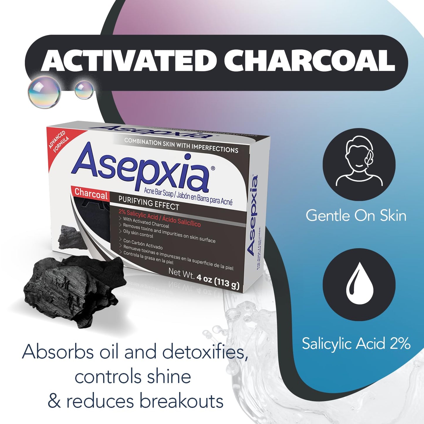 Asepxia Salicylic Acid & Activated Charcoal Bar Soap | Acne Treatment, Reduces Pimples & Blemishes, Deep Cleansing Facial Cleanser, Dries Out Acne