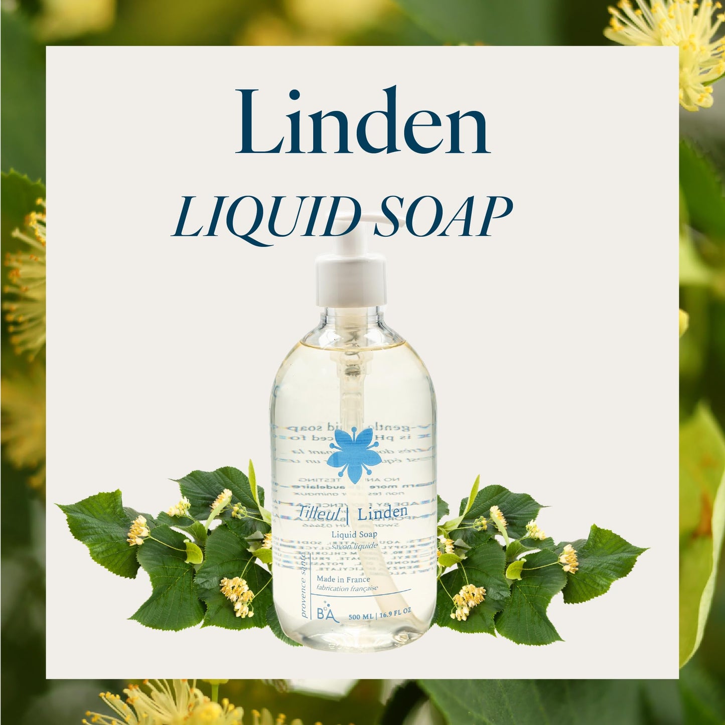 Provence Sante Natural Liquid Soap - Moisturizing Almond Oil Hand Soap with Fresh Linden Blossom Scent - Elegant Pump Dispenser for Kitchen & Bath