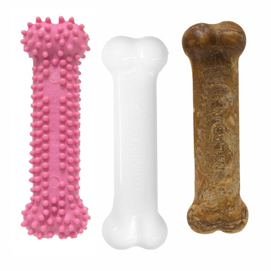 Nylabone Puppy Chew Toys & Natural Treats Triple Pack – Pink, Chicken & Bacon Flavor – Small Dogs up to 25 lbs – 3 Pack