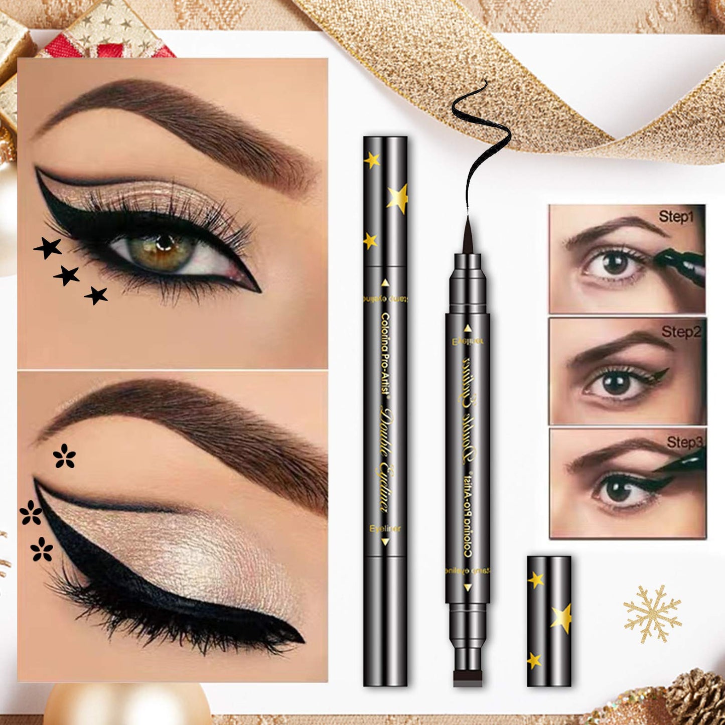 Erinde 6PCS Double-headed Eyeliner Stamp Pen Set, Black Stencil, Winged Eyeliner Tattoo Tool, Star Moon Heart Eye Makeup