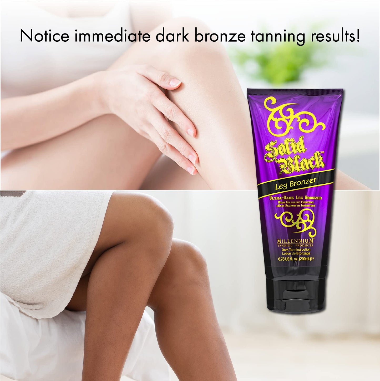 Millennium Tanning Solid Black Leg Bronzer - Ultra Dark Tanning Lotion with Aloe Vera, Cellulite Fighters & Hair Growth Inhibitors (6.78 oz)