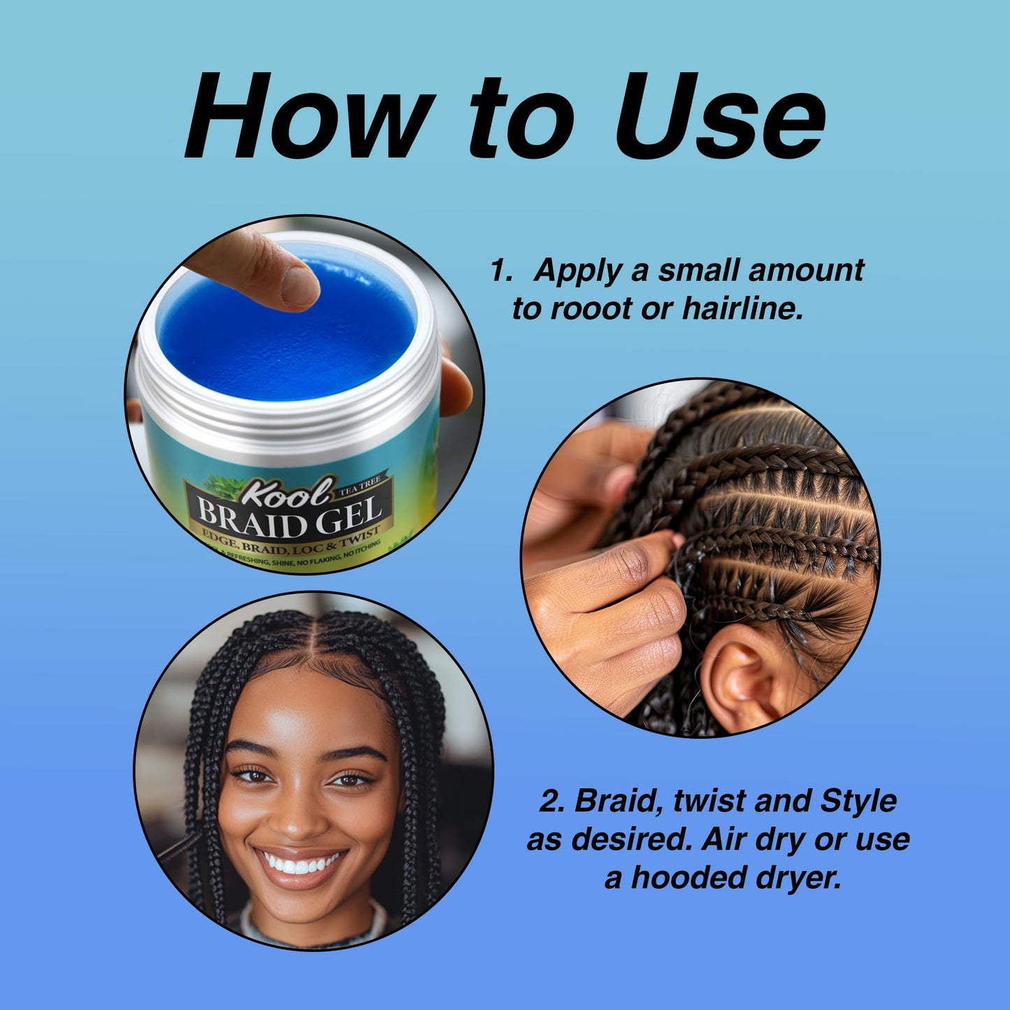 BELLATIQUE KOOL Braiding Gel Maximum Hold for LOC & Twist - No Flaking, No Whitening, Fast Drying, High Shine, Cool & Refreshing, Long Lasting Hold (5