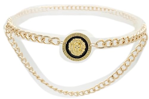 Women’s Trendy Gold Metal Chain Links Belt with Lion Head Charm - Adjustable Fit M/L/XL - Waist or Hip Wear