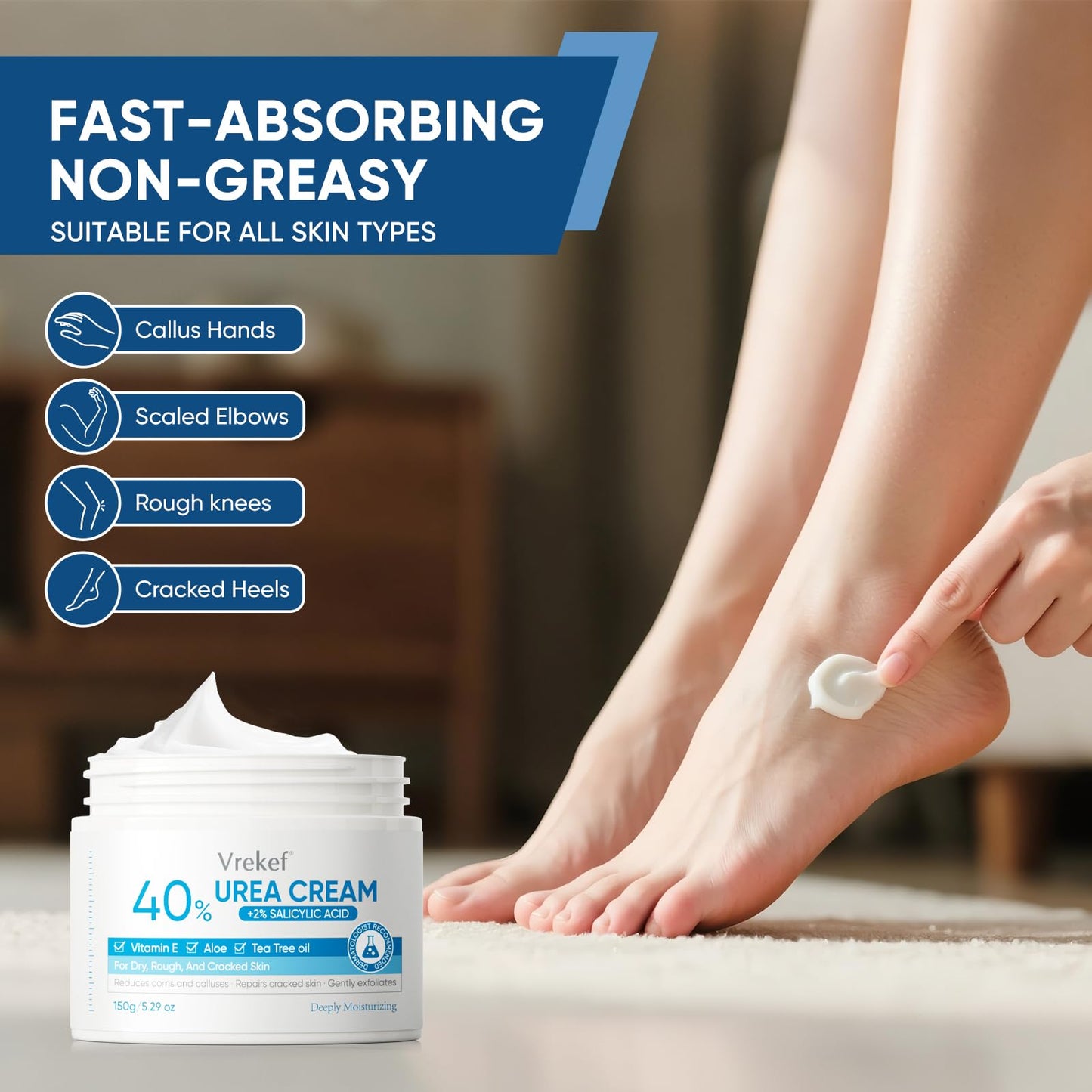 VREKEF Urea Cream 40 Percent with 2% Salicylic Acid, Urea Cream 40 Percent for Feet Maximum Strength, Foot & Hand Cream for Dry Cracked Heels, Callus Beauty and Personal Care VREKEF