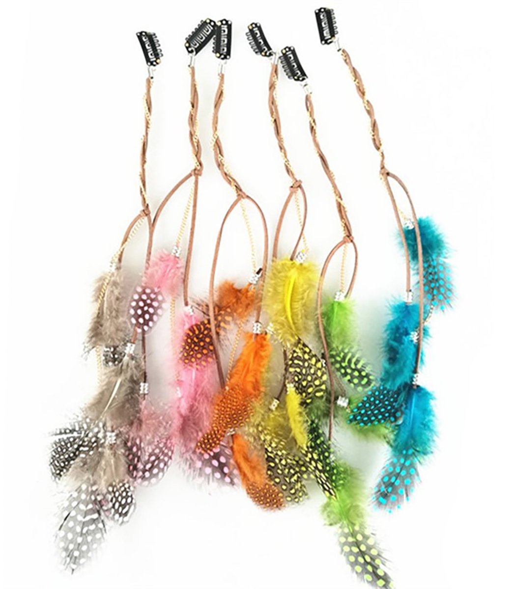 Fodattm 6PCS Lady Women Handmade Colourful Boho Hippie Hair Extensions with Feather Clip Comb Hairpin Headdress Headband DIY Accessories