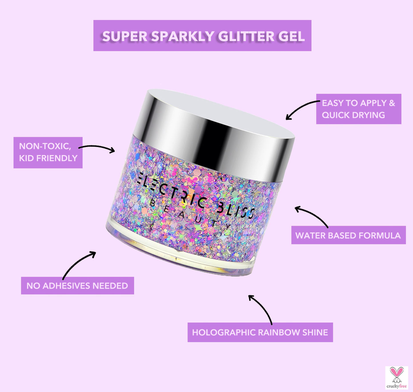 Lilac Purple - Holographic Chunky Glitter Gel for Body, Face, Hair - Vegan & Cruelty Free - Electric Bliss Beauty - Uses Include: Festival Rave Makeup