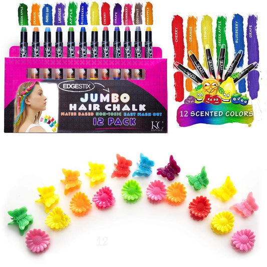 KC Republic Hair Chalk for Kids Jumbo Hair Chalk Sticks Washable Hair Color Temporary Dye for Girls Safe Scented Rainbow Metallic Glitter Hair