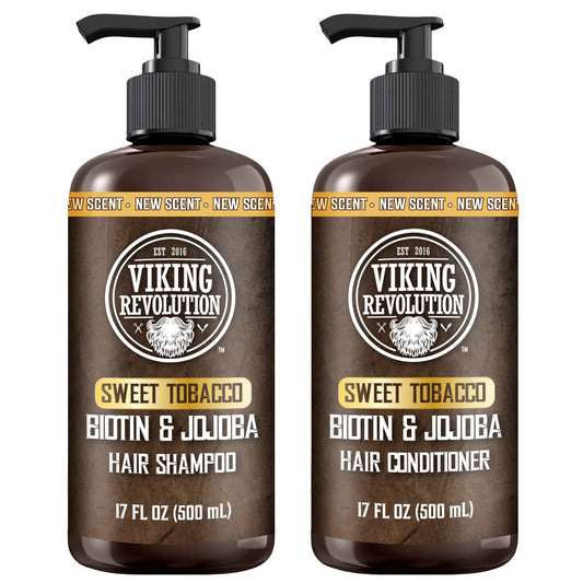 Viking Revolution Sweet Tobacco Mens Shampoo and Conditioner Set with Biotin and Jojoba Oil - Natural Hair Shampoo and Hair Conditioner for Men