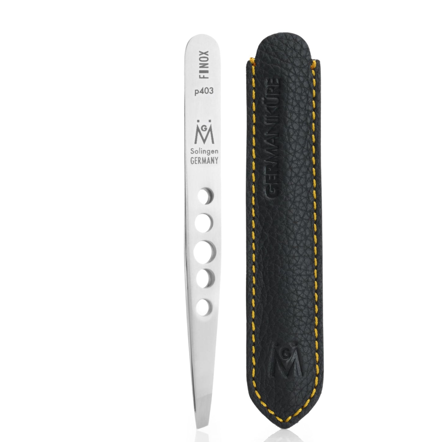GERMANIKURE Professional Perforated Slanted Tweezers - FINOX Stainless Steel Sharp in Leather Case - Ethically Made in Solingen, Germany - 4403