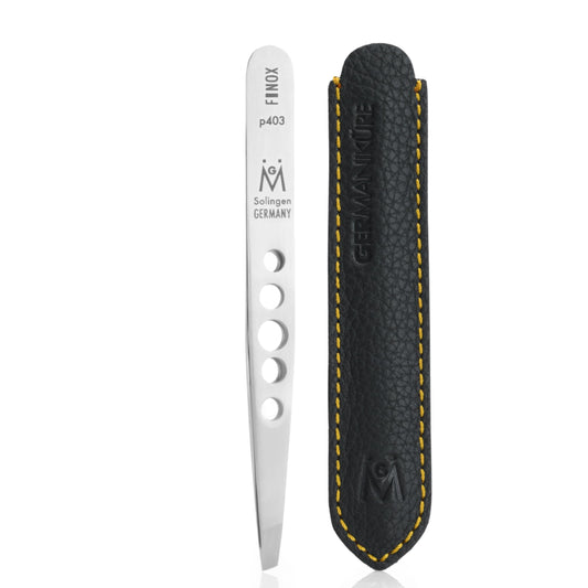 GERMANIKURE Professional Perforated Slanted Tweezers - FINOX Stainless Steel Sharp in Leather Case - Ethically Made in Solingen, Germany - 4403