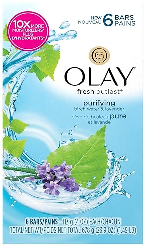 Olay Fresh Outlast Purifying Birch Water & Lavender Beauty Bar, 6 Count, 4 Ounce