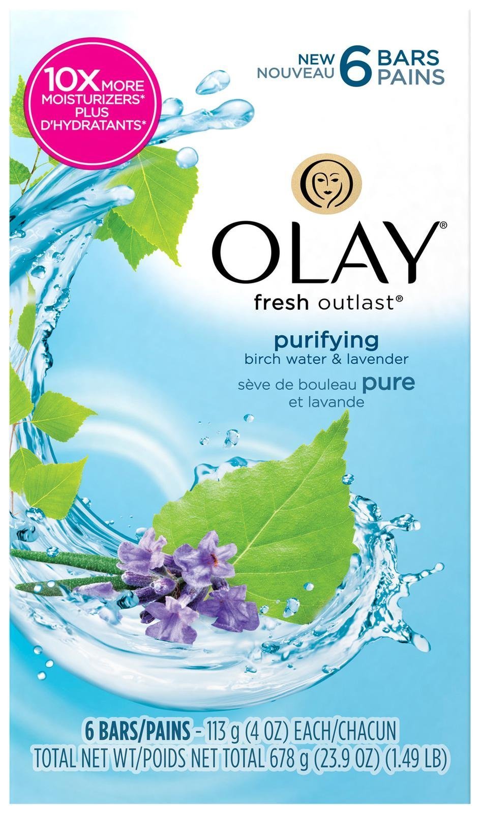 Olay Fresh Outlast Purifying Birch Water & Lavender Beauty Bar, 6 Count, 4 Ounce