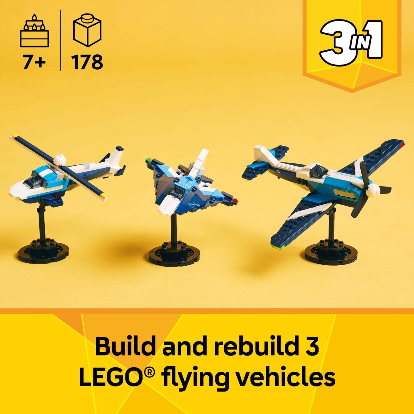 LEGO Creator 3 in 1 Aircraft Race Plane 31160, Buildable Airplane, Fighter Jet or Helicopter Toy, Fun Gift for Kids, Boys & Girls Ages 7+