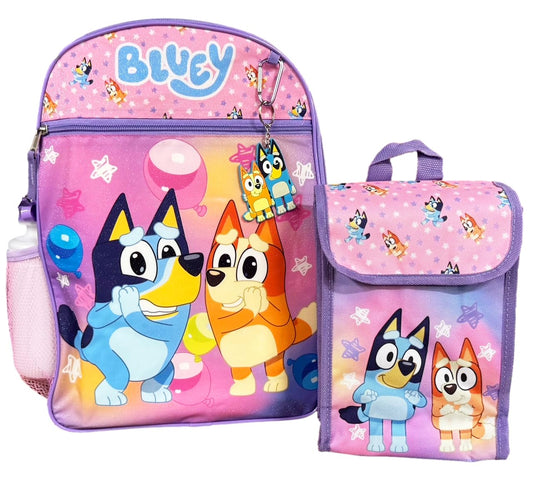 Fast Forward Bluey Backpack Set 5 Piece Bookbag and Snack Tote Matching Accessories for Back to School with Water Bottle
