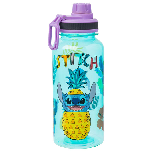Silver Buffalo Disney Lilo and Stitch Pineapple Twist Spout Plastic Water Bottle with Stickers You Stick Yourself, 32 Ounces