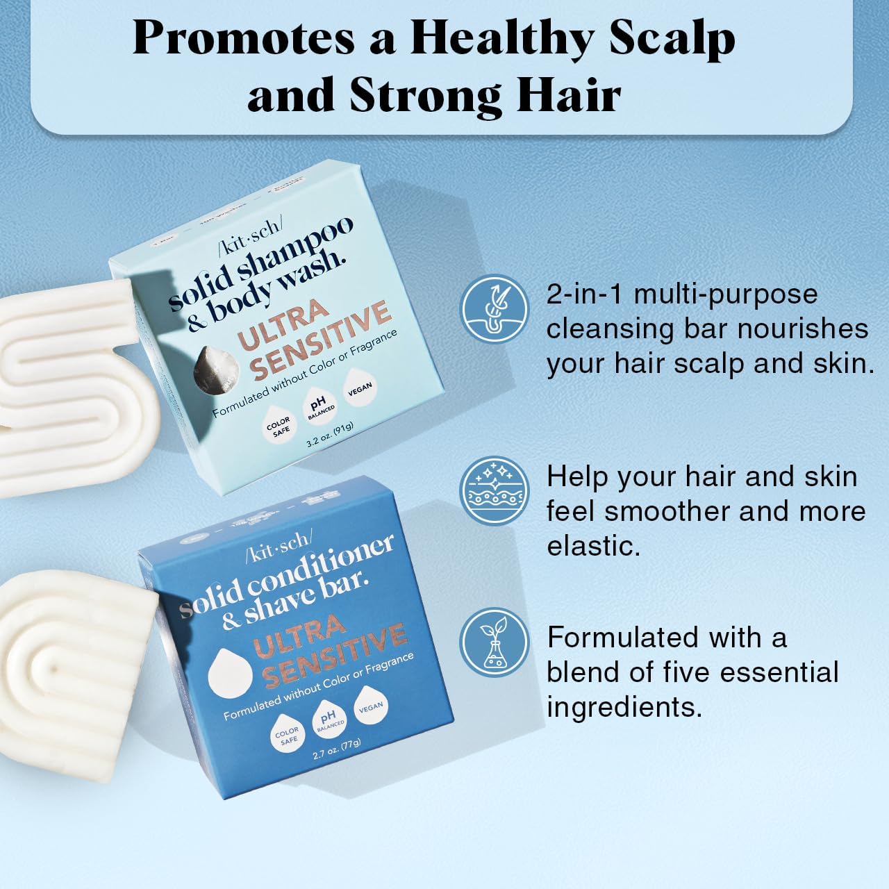 Kitsch 2-in-1 Ultra Sensitive Shampoo Bar & Body Wash + Conditioner Bar & Shaving Soap - Fragrance-Free Bar Soap for Sensitive Skin & Scalp