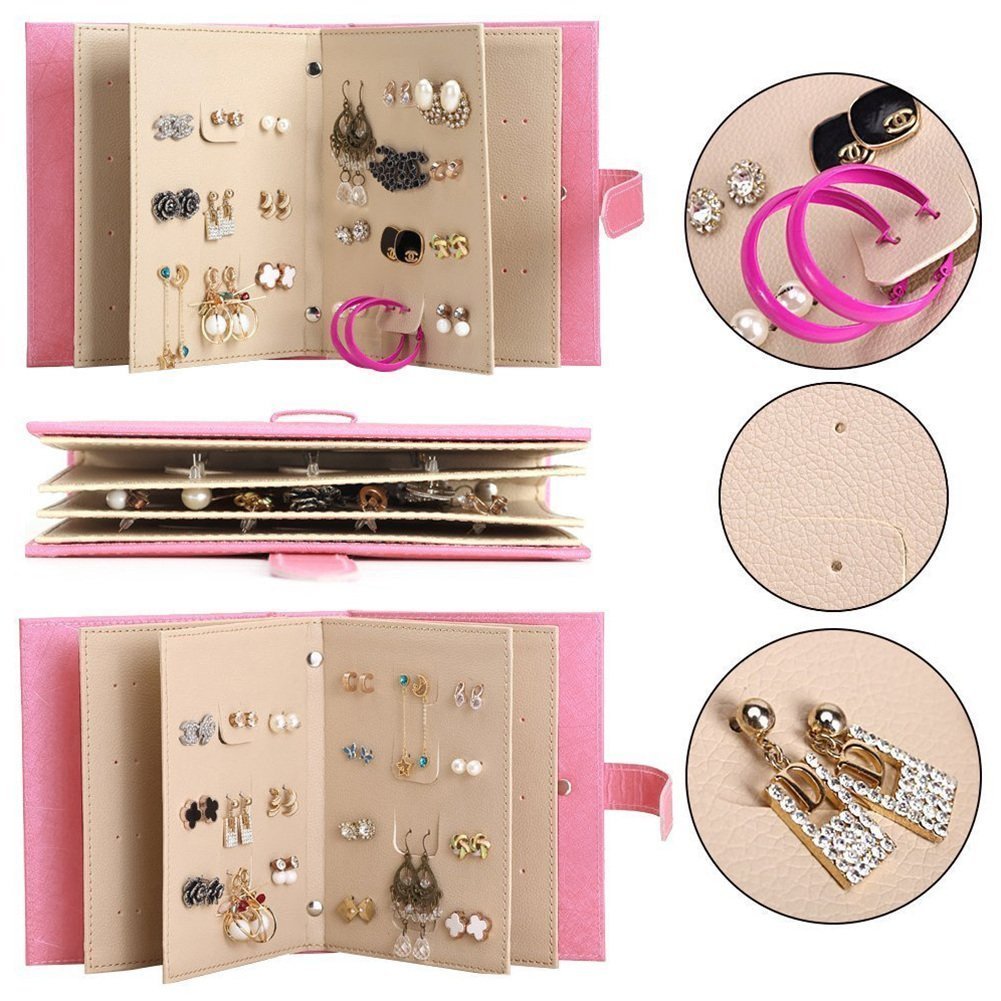 Sanzeon Earring Book Design Earring Case Portable Earring Holder Travel Jewelry Organizer Case For Earring (Pink)