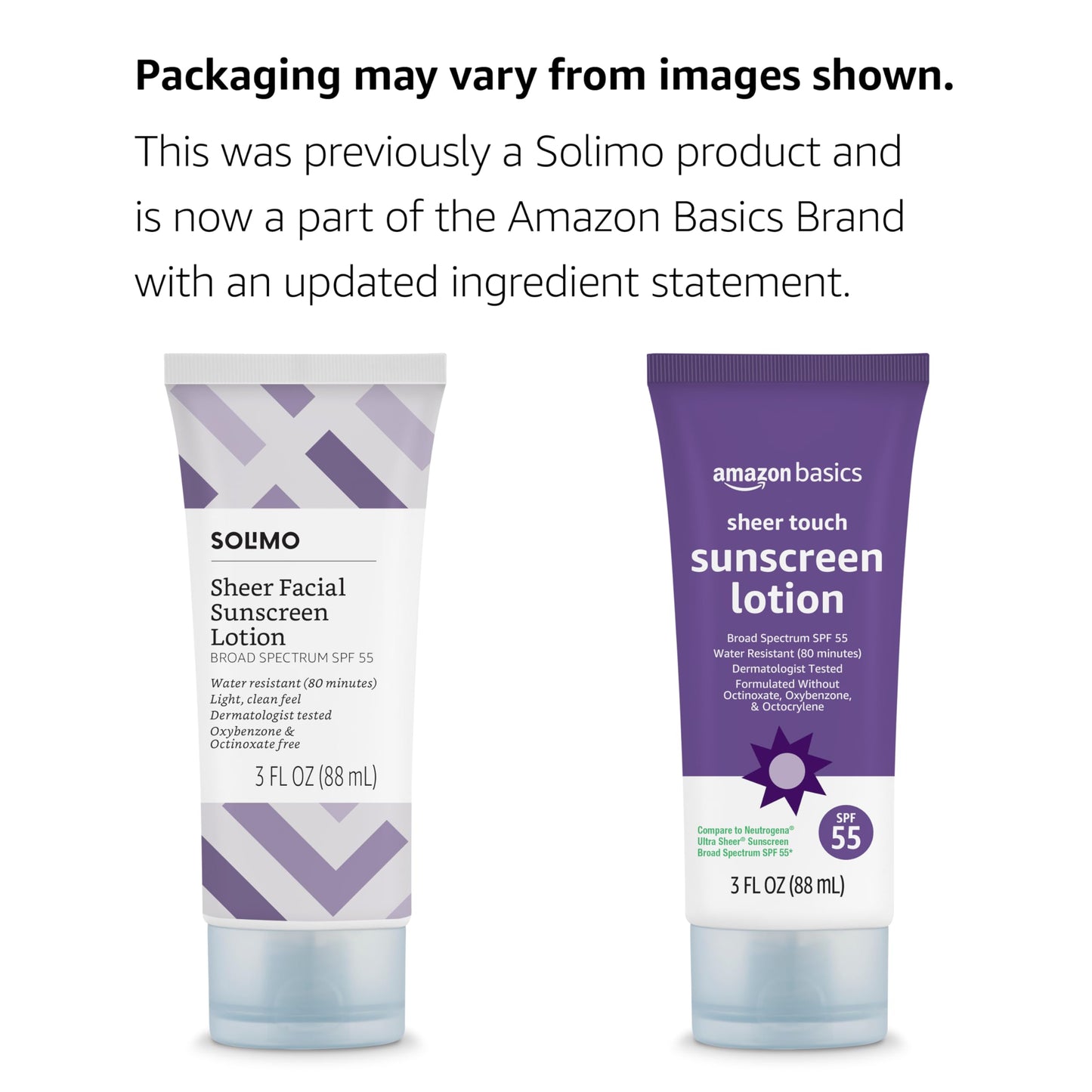 Amazon Basics Sheer Facial Sunscreen SPF 55, UVA/UVB Protection, Water Resistant (80min), Formulated without Octinoxate & Oxybenzone, 3 fl oz (Pack