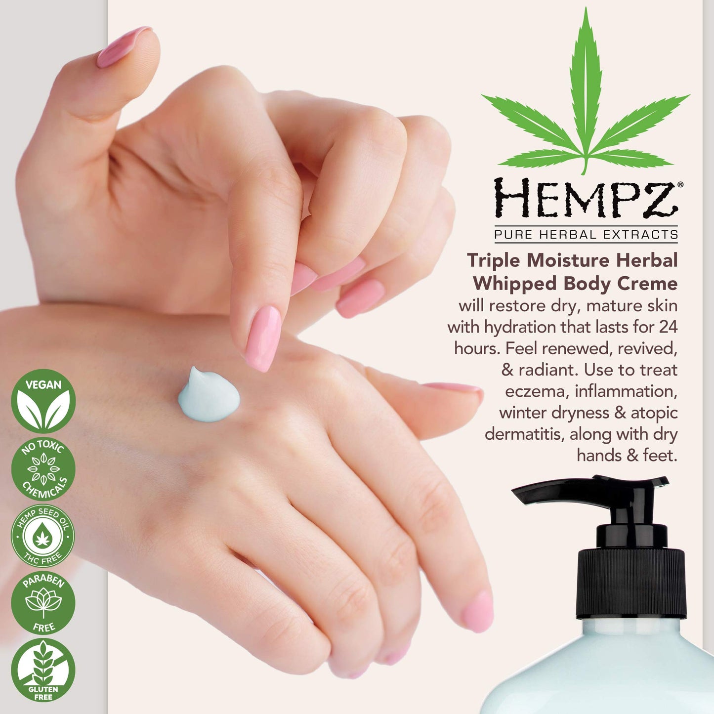 Hempz Natural Triple Moisture Herbal Whipped Body Cream with 100% Pure Hemp Seed Oil for 24-Hour Hydration, Moisturizing Vegan Skin Lotion with Yangu