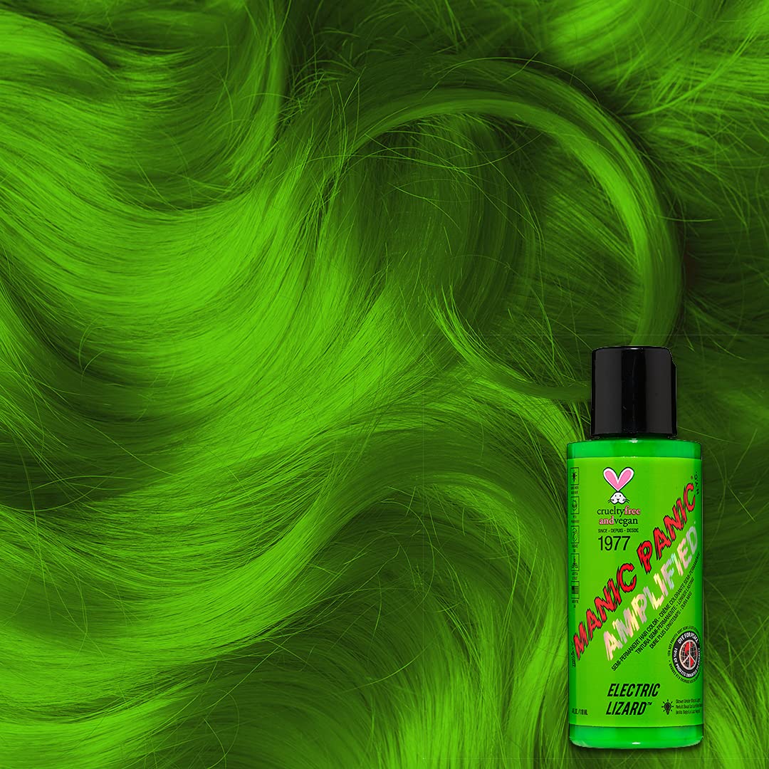 MANIC PANIC Electric Lizard Hair Color - Amplified - Semi Permanent Hair Dye - Bright Neon Green Hair Color - Glows In Blacklight - Vegan, PPD