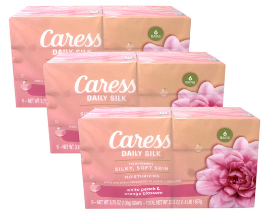 Caress Daily Silk Moisturizing Soap, White Peach & Orange Blossom, 3.75 oz 6 Bars - 3 Pack