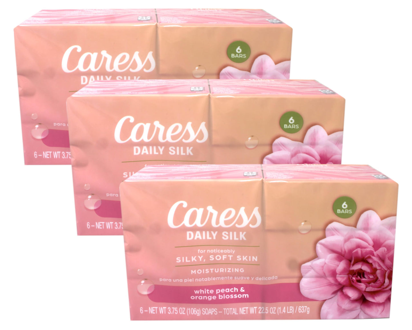 Caress Daily Silk Moisturizing Soap, White Peach & Orange Blossom, 3.75 oz 6 Bars - 3 Pack