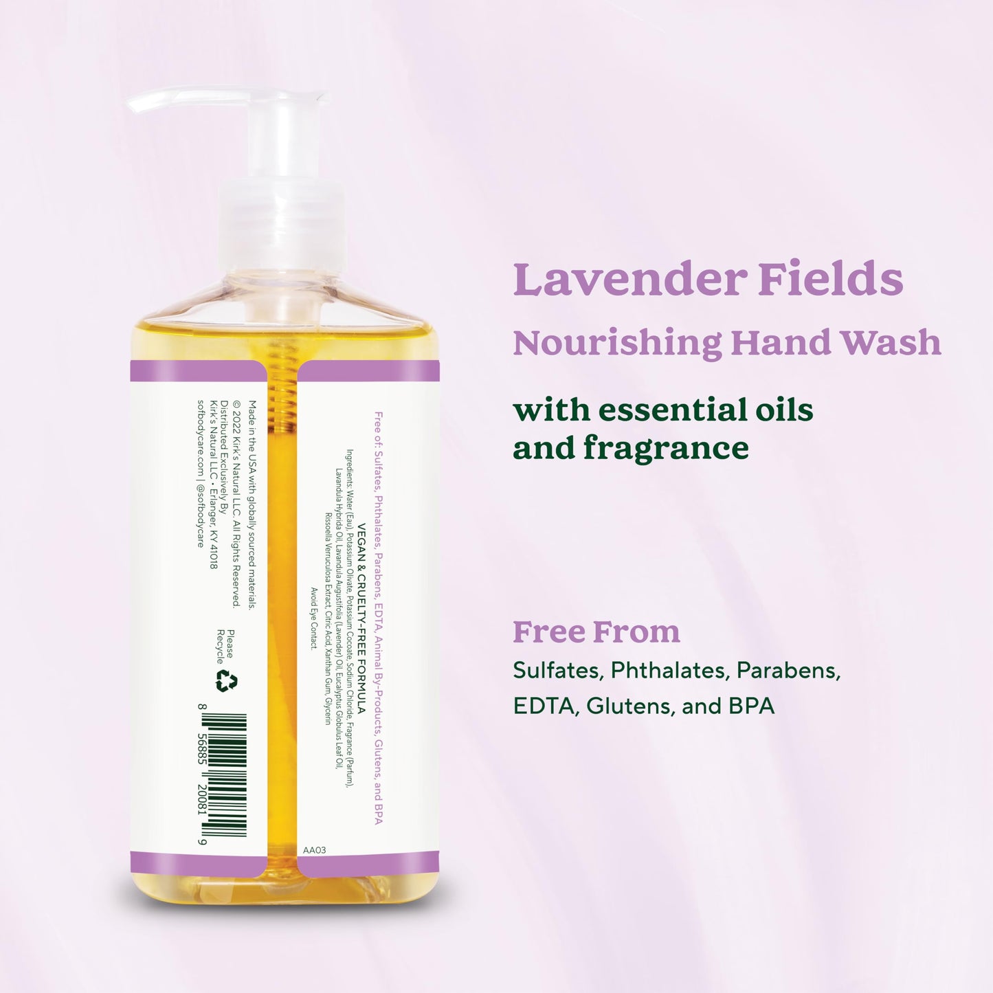 SoF Nourishing Hand Wash - With Moisturizing Sea Algae, Coconut & Olive Oil- Vegan & Non GMO- Free From Phthalates, Sulfates & Parabens- Lavender