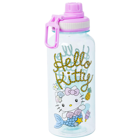 Silver Buffalo Sanrio Hello Kitty Mermaid Twist Spout Plastic Bottle with Sticker Set, 32 Ounces