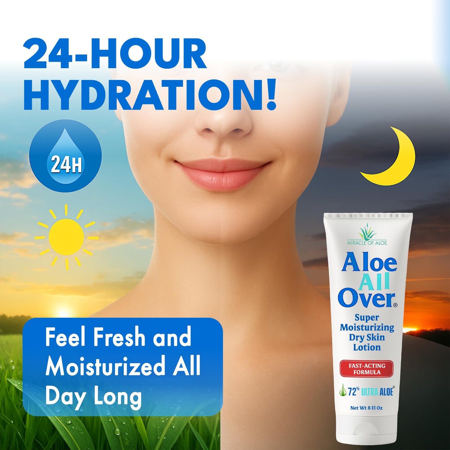 Miracle of Aloe Aloe All Over Super Moisturizing Dry Skin Lotion 8 oz - Made with 72% UltraAloe Aloe Vera Gel. Safe for Everyone: Men, Women