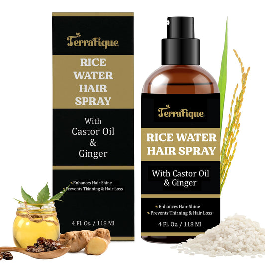 TERRAFIQUE Rice Water Hair Shine Spray for Women - Leave-In Conditioner with Castor & Ginger for Hair Growth, All Hair Types - 4 Fl Oz / 118 Ml (1