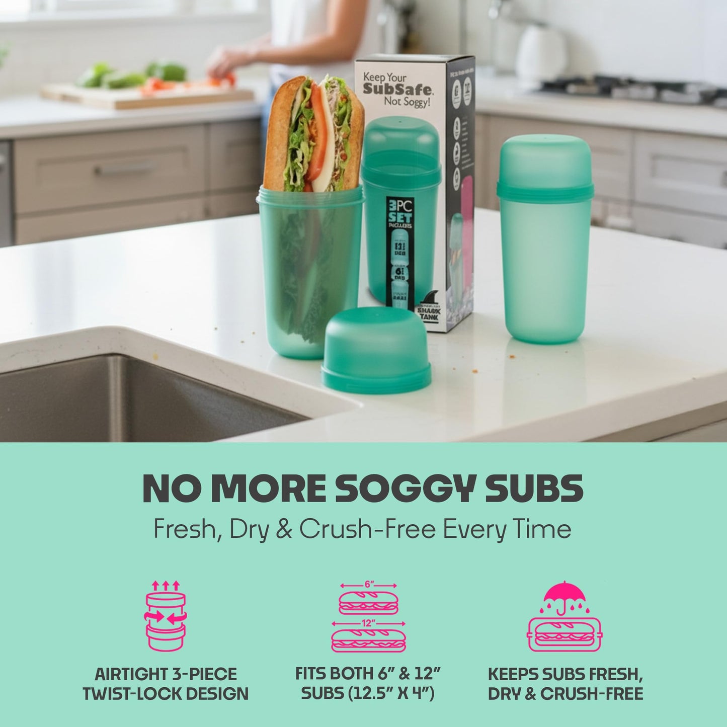SubSafe 3-Piece Sub Sandwich Container, Seafoam Green - As Seen on Shark Tank - Waterproof, Crushproof, BPA-Free Food Storage that Floats - Fits 6…