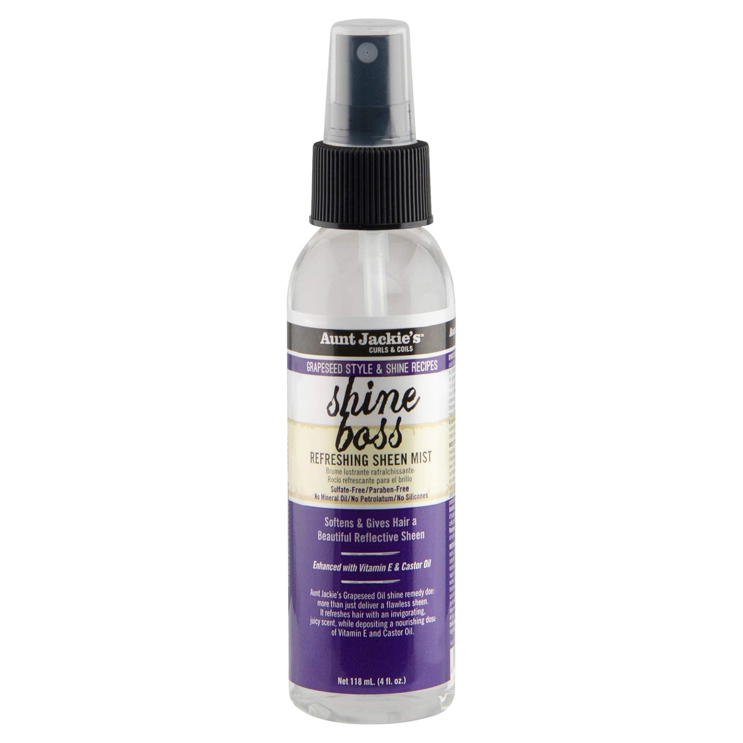 Aunt Jackie's Grapeseed Style and Shine Recipes Shine Boss Refreshing Sheen Hair Mist, Gives Curls, Waves and Coils Shine Without Oily Feel, 4 oz