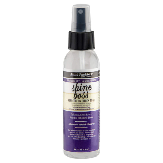 Aunt Jackie's Grapeseed Style and Shine Recipes Shine Boss Refreshing Sheen Hair Mist, Gives Curls, Waves and Coils Shine Without Oily Feel, 4 oz