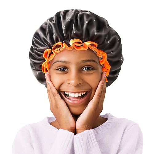 mikimini Small Black Shower Caps Pack of 2 for Kid, Double Layers Waterproof Bathing Hair Cap with Reusable Soft Comfortable PEVA Lining, Cute