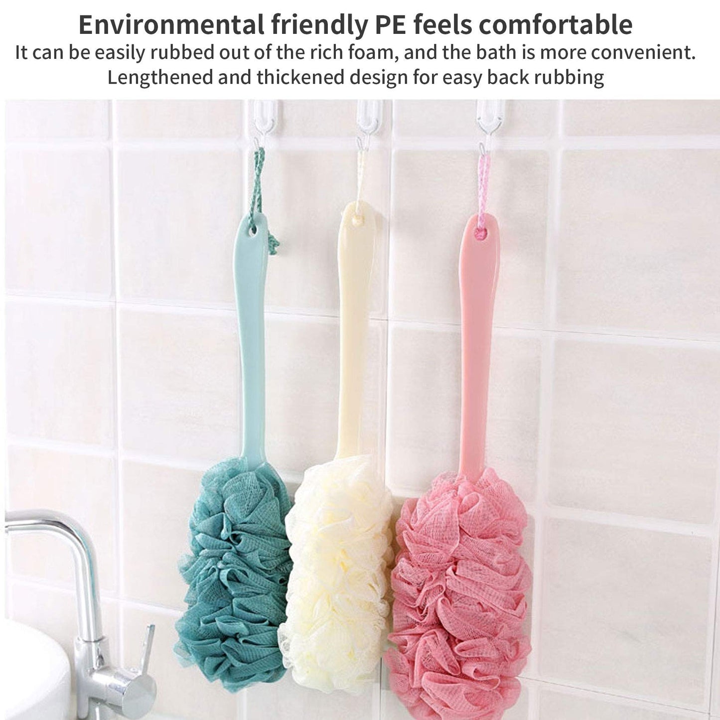 Nutteri 3 Pack Back Scrubber Long Handled Bath Brush Soft Mesh Sponge Exfoliating Body Scrub Back Cleaner Loofah Bathroom Shower Accessories for Women
