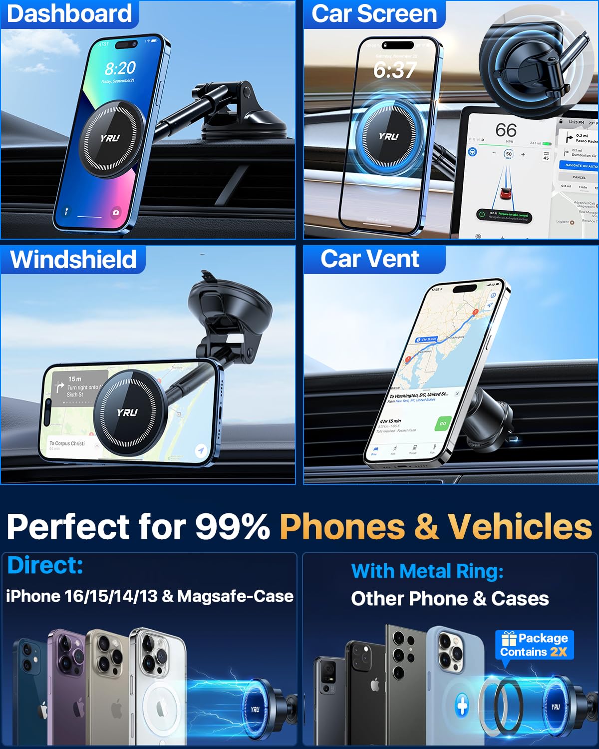YRU Upgraded Magnetic Phone Holder for Car【Patented & Super Magnet】 for MagSafe Car Mount Dashboard Magnet Phone Holder Windshield Phone Stand…
