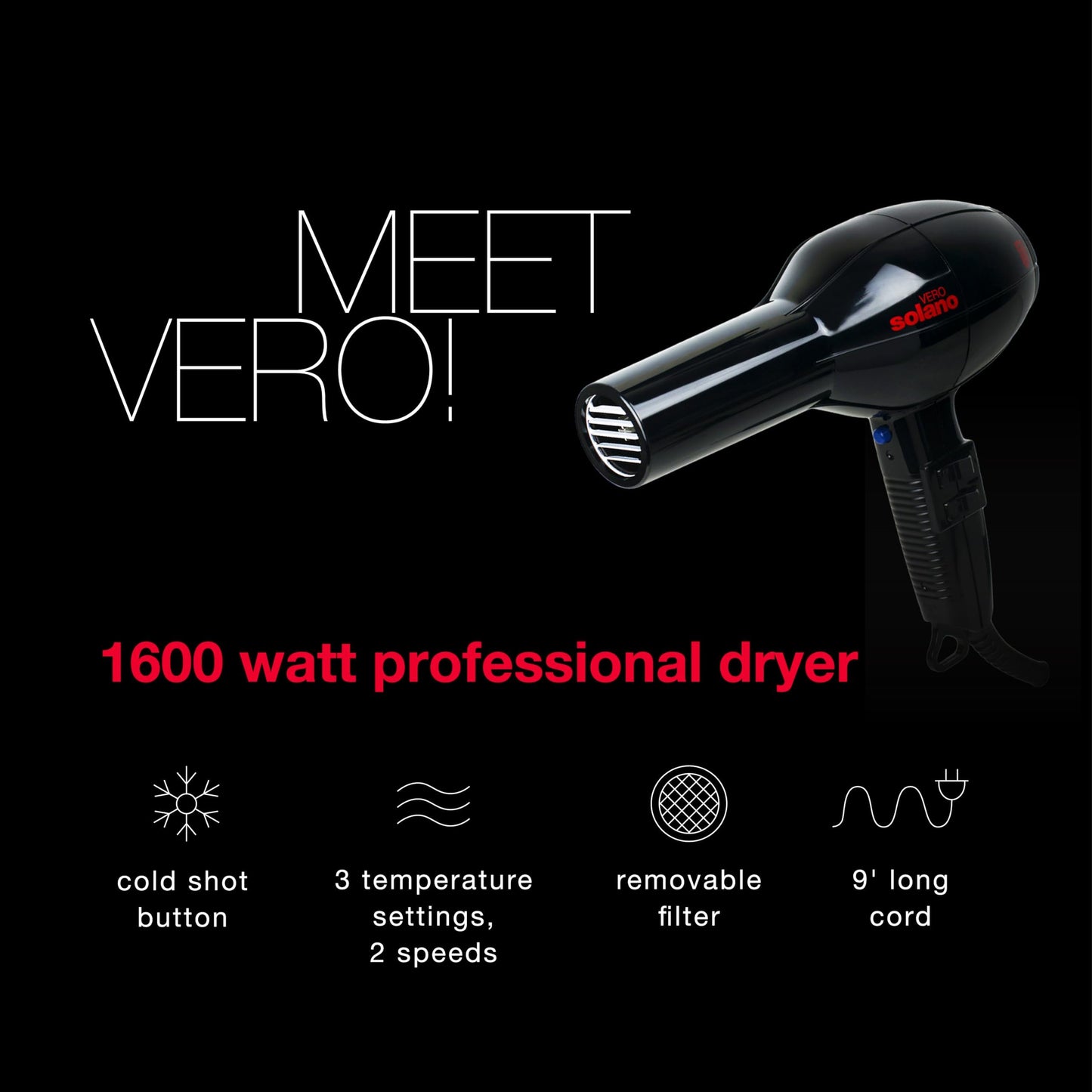 Solano Vero Ceramic Ionic Hair Dryer | Anti-Frizz + Smoothness + Shine | 1600W High Performance Ceramic Blow Dryer | Lightweight Speed Hair Dryer |