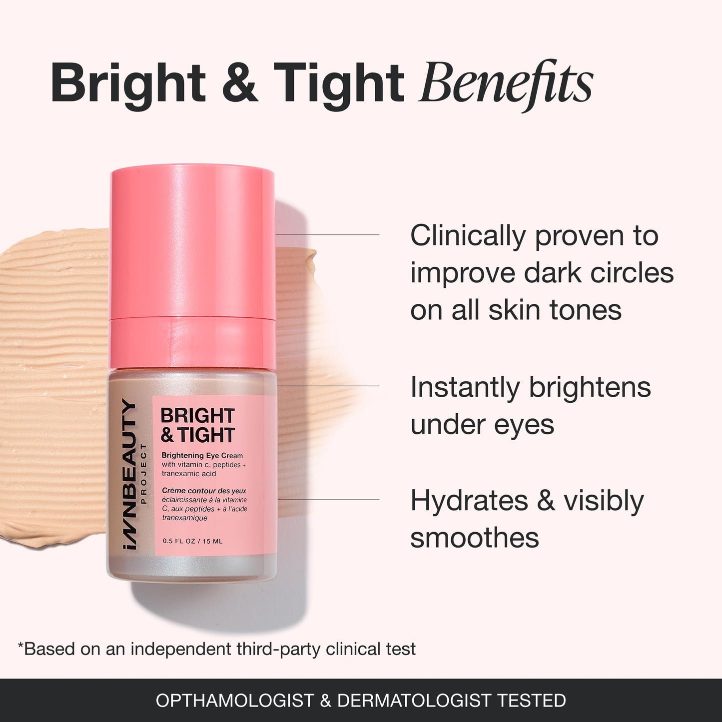 Innbeauty Project Bright & Tight Eye Cream with Vitamin C & Peptides for Dark Circles & Firming, 0.5 OZ (15ml)