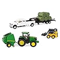 TOMY John Deere Round Bale Haying Set - 1:32 Scale - Includes John Deere 7R Tractor, 569 Round Baler, and 381G Skid Steer Toy - Construction and Farm…